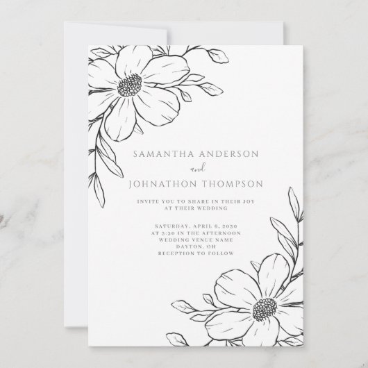 ブラックフローララインスケッチ結婚式招待状 招待状 (正面)