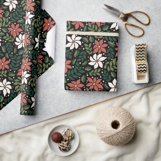 ブラックフローラワイルドフラワークリスマスラッピング紙 ラッピングペーパー (クラフト)