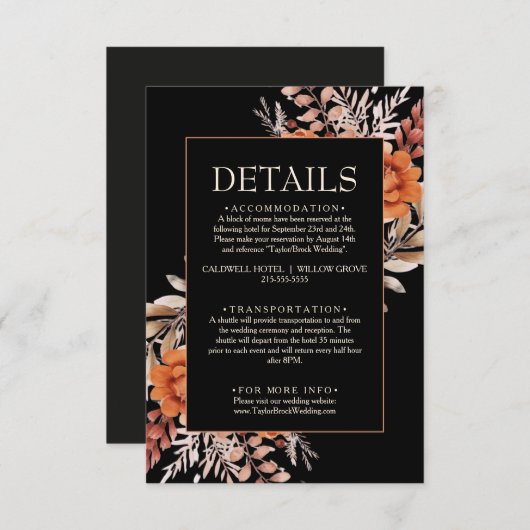 ブラックフローラワイルドフラワー秋ボホ結婚の詳細 エンクロージャーカード (正面/裏面)