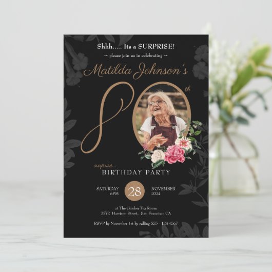 ブラックフローラ写真80thサプライズ誕生日パーティー 招待状 (スタンド正面)