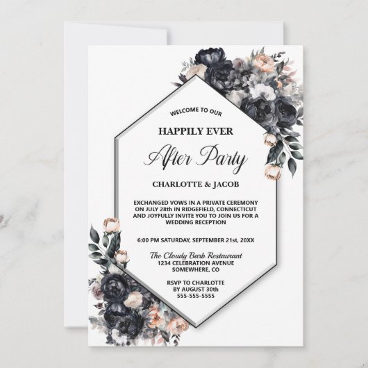 ブラックフローラ幾何学模様のエロペメント結婚式のレセプション 招待状 (正面)