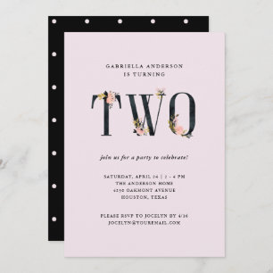 ブラックフローラ文字オンピンク 第2誕生日パーティー 招待状