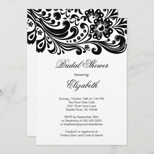 ブラックフローラ旋回ブライダルシャワーのフォーマル招待 招待状 (正面/裏面)