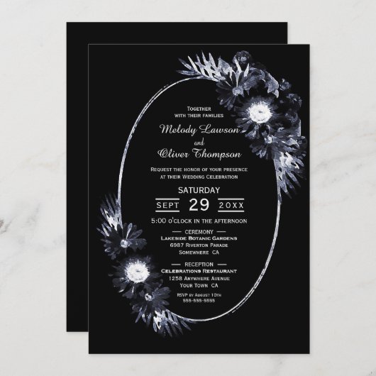 ブラックフローラ楕円結婚式招待状 招待状 (正面/裏面)