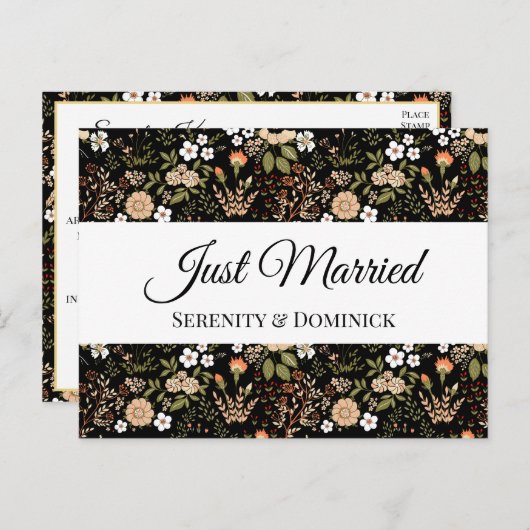 ブラックフローラ結婚たった今結婚しました発表 案内ポストカード (正面/裏面)