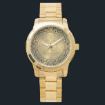 ブラックフローラ結婚サークル50周年 腕時計<br><div class="desc">黒い華美フローラサークルの金ゴールドトーンの背景、カスタマイズ可能な金ゴールドの結婚記念日。50年祝の幸せな思い出のカスタマイズ可能な文字。</div>