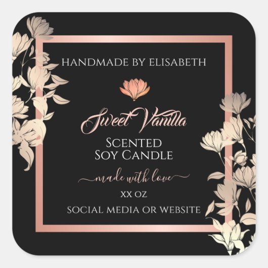 ブラックフローラ製品パッケージングラベルバラ金ゴールド スクエアシール (正面)