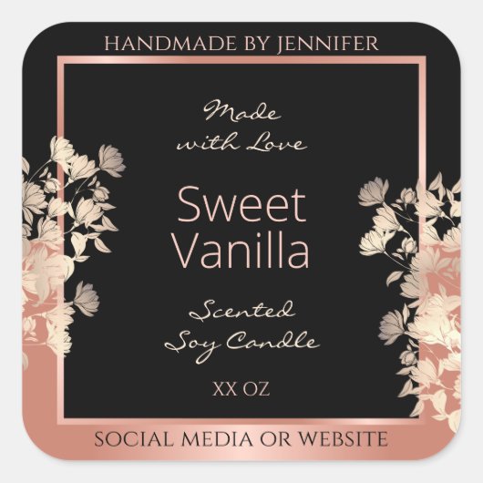 ブラックフローラ製品パッケージングラベルバラ金ゴールド スクエアシール (正面)