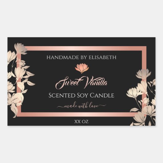 ブラックフローラ製品パッケージングラベルバラ金ゴールド 長方形シール (正面)