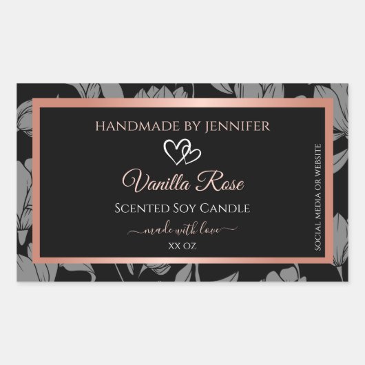 ブラックフローラ製品パッケージングラベルバラ金ゴールド 長方形シール (正面)