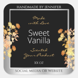 ブラックフローラ製品包装ラベルオレンジシルバー スクエアシール