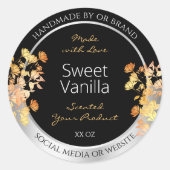 ブラックフローラ製品包装ラベルオレンジシルバー ラウンドシール (正面)