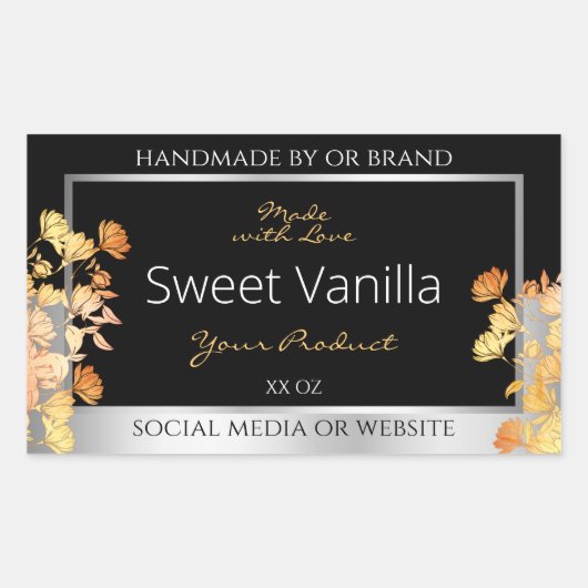 ブラックフローラ製品包装ラベルオレンジシルバー 長方形シール (正面)