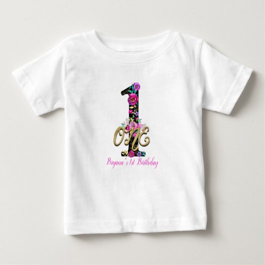 ブラックフローラ金ゴールドグリッターONE 1 1st誕生日パーティー ベビーTシャツ (正面)