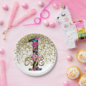 ブラックフローラ金ゴールドグリッターONE 1 1st誕生日パーティー ペーパープレート (パーティー)