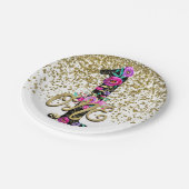 ブラックフローラ金ゴールドグリッターONE 1 1st誕生日パーティー ペーパープレート (アングル)