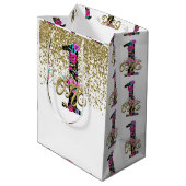 ブラックフローラ金ゴールドグリッターONE 1 1st誕生日パーティー ミディアムペーパーバッグ (裏面アングル)