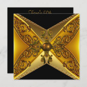 ブラックフローラ金ゴールドジュエル50誕生日 招待状 (正面/裏面)