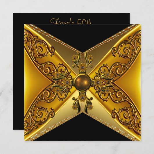 ブラックフローラ金ゴールドジュエル50誕生日 招待状 (正面/裏面)