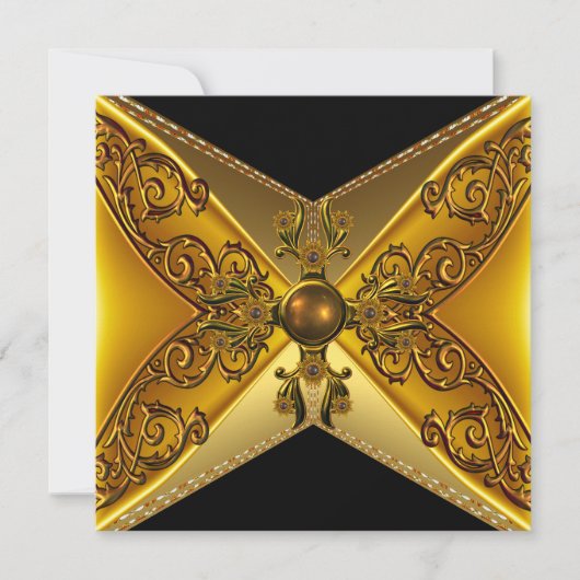 ブラックフローラ金ゴールドジュエル50誕生日 招待状 (正面)