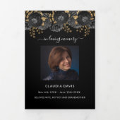 ブラックフローラ金ゴールド写真三回葬儀プログラム 三つ折り案内状 (カバー)