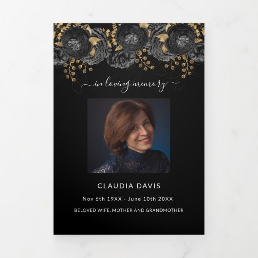 ブラックフローラ金ゴールド写真三回葬儀プログラム 三つ折り案内状 (カバー)