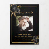 ブラックフローラ金ゴールド写真三回葬儀プログラム 三つ折り案内状 (カバー)