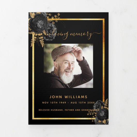 ブラックフローラ金ゴールド写真三回葬儀プログラム 三つ折り案内状 (カバー)