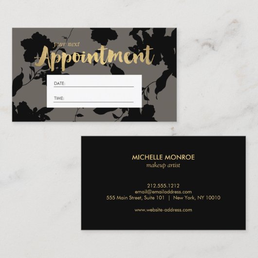 ブラックフローラ金ゴールド文字グレーサロンアポイントメント 予約カード (正面/裏面)