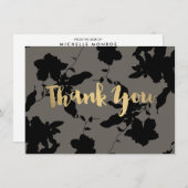 ブラックフローラ金ゴールド文字グレーサンキューカード 招待状 (正面/裏面)