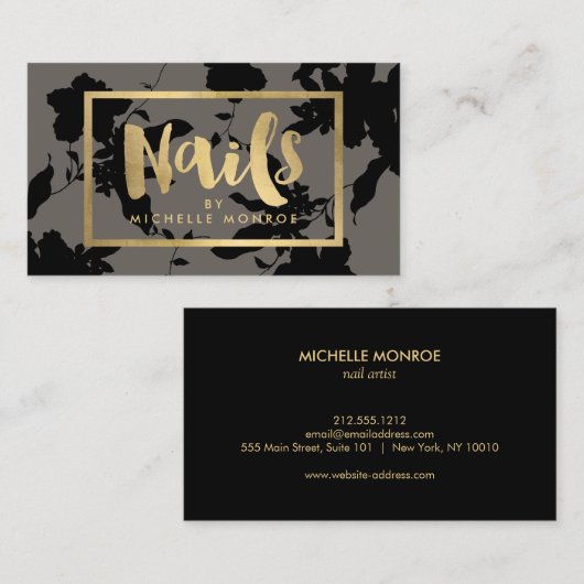 ブラックフローラ金ゴールド文字ネイルサロングレー 名刺 (正面/裏面)