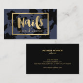 ブラックフローラ金ゴールド文字ネイルサロンブルー 名刺 (正面/裏面)