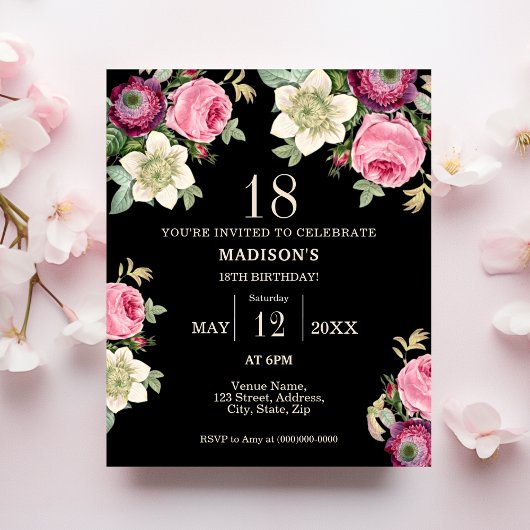 ブラックフローラ18th予算誕生日招待状