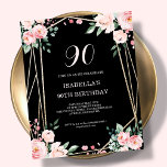ブラックフローラ90th予算誕生日招待状<br><div class="desc">90回目の手頃バースデー魅力的バーへの招待をお探しですか？我々の黒いフローラ紙の招待を見ろ！シックな黒い背景に繊細な赤面ピンクの花とフォントを備えた素敵なデザインエレガントで、このカスタマイズ可能な招待は確かにあなたのお祝いのための完璧なトーンを設定する。予算を維持している間フレンドリーずっと。お客様はカードの招待またはダウンロード可能なデジタルもしファイルとして、このデザインを購入するオプションを希望する私たちの店Peonyデザインを訪問する。</div>
