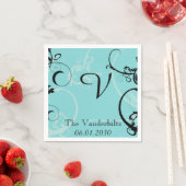 ブラックフローリッシュモノグラム結婚ターコイズ スタンダードカクテルナプキン (インサイチュ)