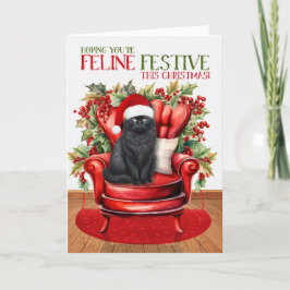 ブラックフワフワのクリスマスキャット猫フェスティバル シーズンカード