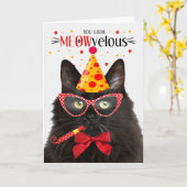 ブラックフワフワ猫ミオウ誕生日 カード (黄色い花)