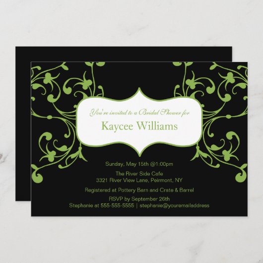 ブラックブライダルシャワーの招待で緑の花開き 招待状 (正面/裏面)