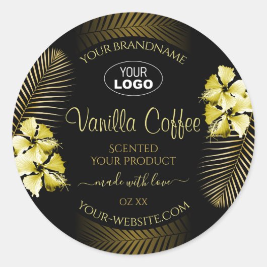ブラックブラウン製品ラベル ゴールド ハワイ フラワーズ ロゴ ラウンドシール (正面)