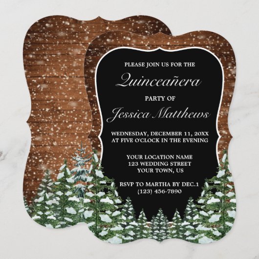 ブラックブラケットスノーウィーフォレスト&ウッドパインキンセアニラ 招待状 (正面/裏面)