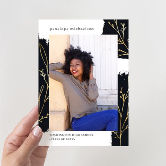 ブラックブラシのフェイクゴールドボタニカル卒業 招待状