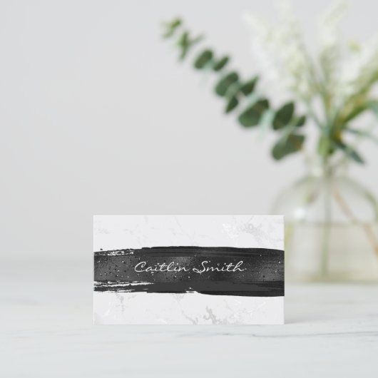 ブラックブラシストローク銀白色フォイル大理石 名刺 (スタンド正面)