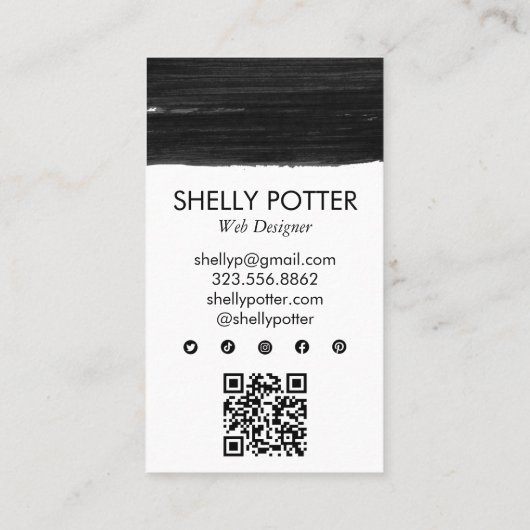 ブラックブラッシュストロークミニマルシックQRCodeアモダンイコン 名刺 (裏面)