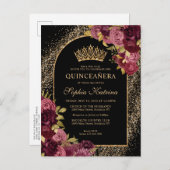 ブラックブルガンディレッド金ゴールドグリッターフローラキンセアニェラ インビテーションポストカード (正面/裏面)