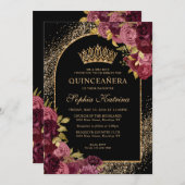 ブラックブルガンディレッド金ゴールドグリッターフローラキンセアニェラ 招待状 (正面/裏面)