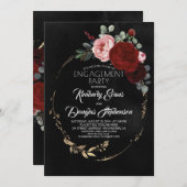 ブラックブルガンディレッド金ゴールドフローラ婚約パーティ 招待状 (正面/裏面)