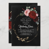 ブラックブルガンディーレッドと金ゴールドフローラモダン誕生日 招待状 (正面/裏面)
