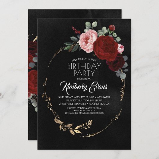 ブラックブルガンディーレッドと金ゴールドフローラモダン誕生日 招待状 (正面/裏面)