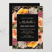 ブラックブルゴーニュオレンジフローラ金ゴールド50誕生日 招待状 (正面/裏面)