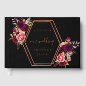 ブラックブルゴーニュバラ金ゴールド幾何学的フローラ結婚ズ ゲストブック (正面)